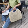 Ladies square wooden handle large capacity straw woven handbag