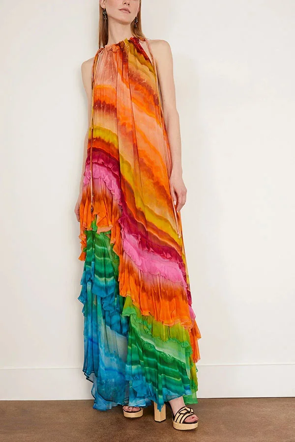 Rosha Georgette Crepe Tie-dye Print Layered Ruffles A-line Maxi Dress