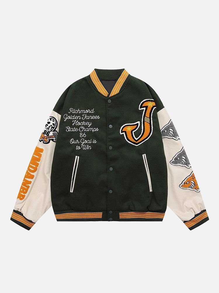 Flocked Shark Print Varsity Jacket