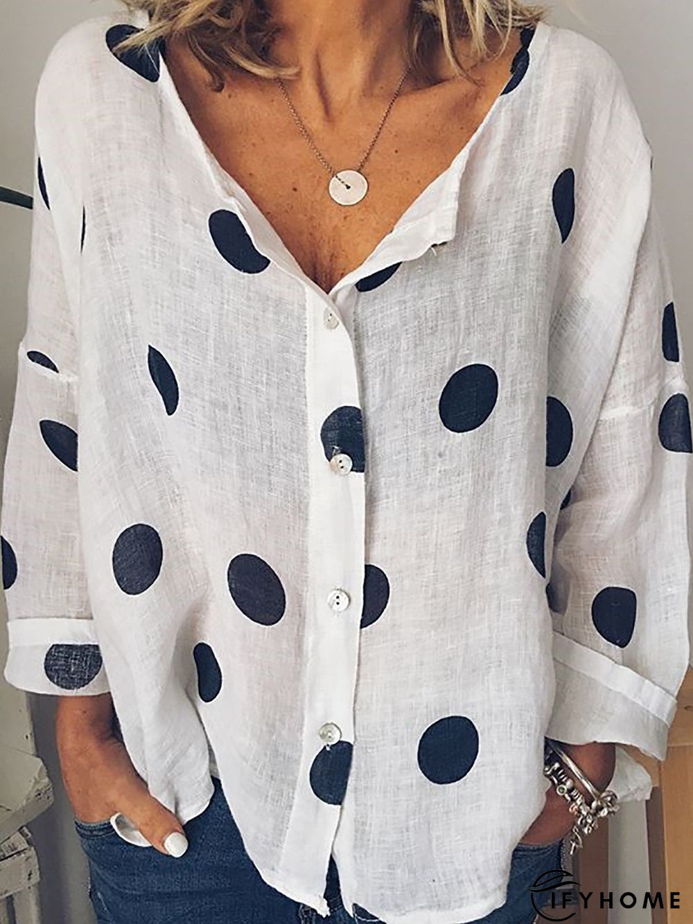 Women Polka Dots Buttoned Long Sleeve Casual Top | IFYHOME