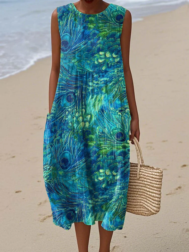 Women's Peacock Feather Pattern Art Print Sleeveless Cotton Pocket Wrap Dress