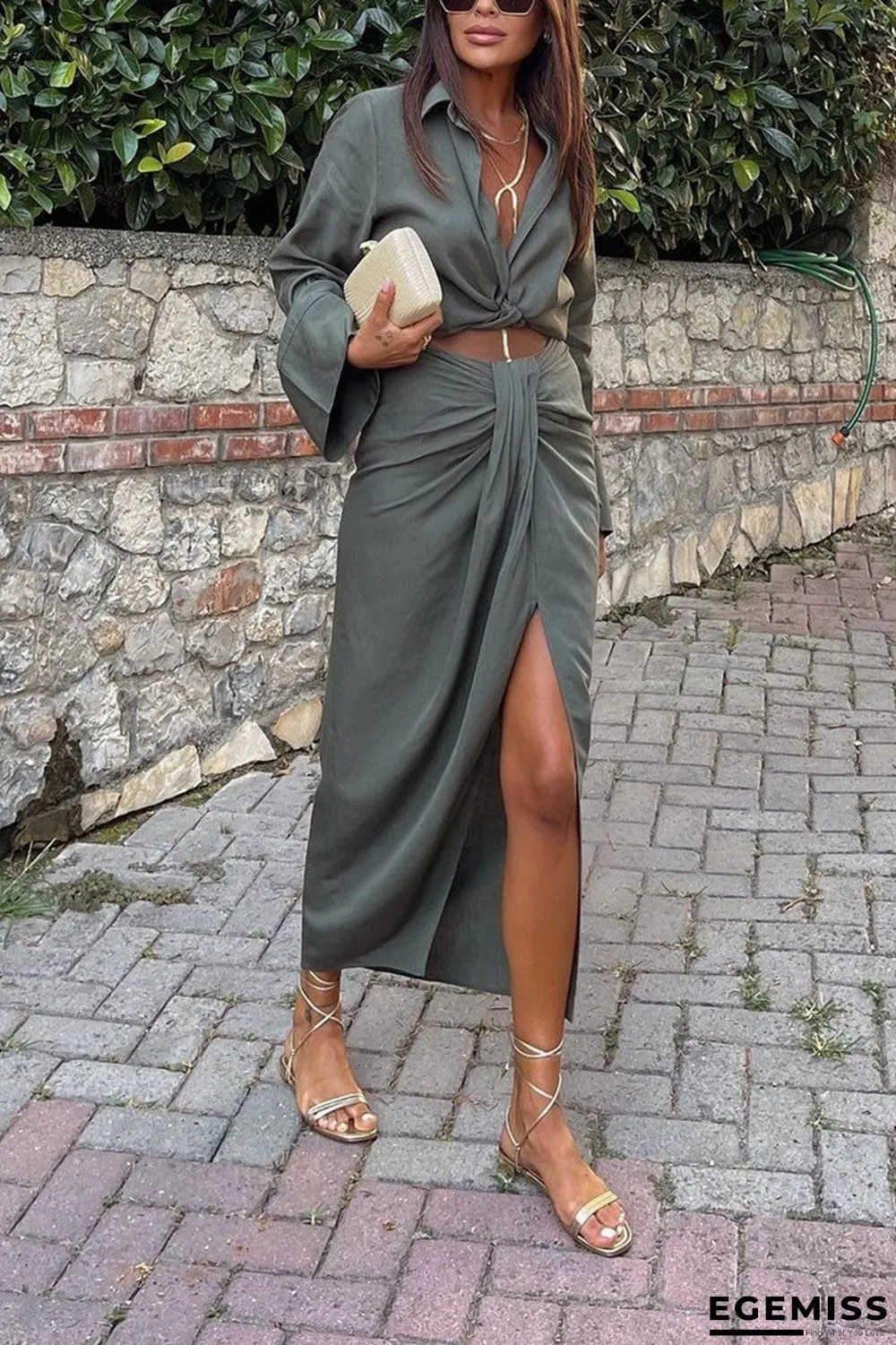 Elegant Solid Bandage Buckle O Neck Short Sleeve Two Pieces