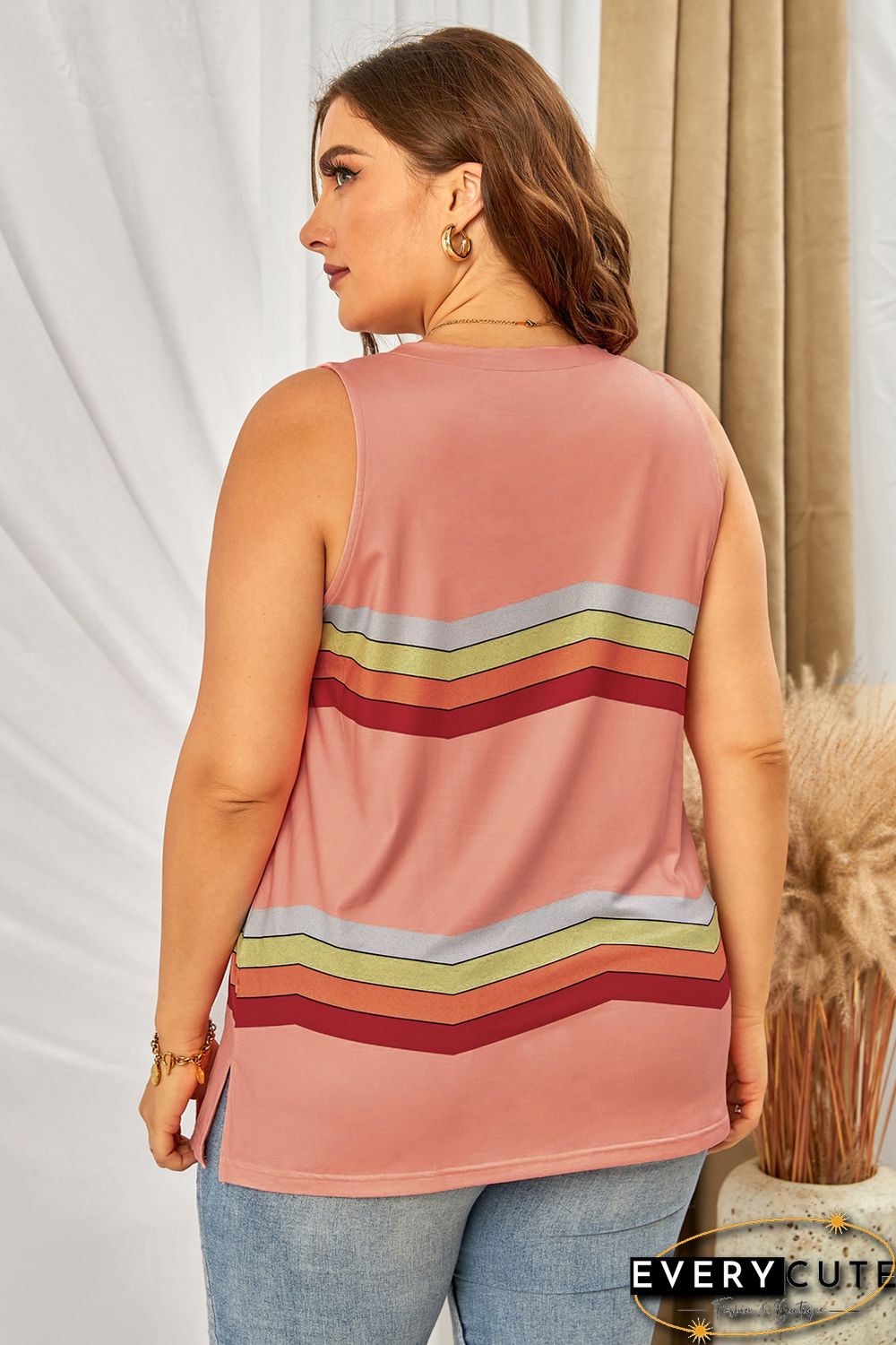 Pink Striped Colorblock V Neck Plus Size Tank