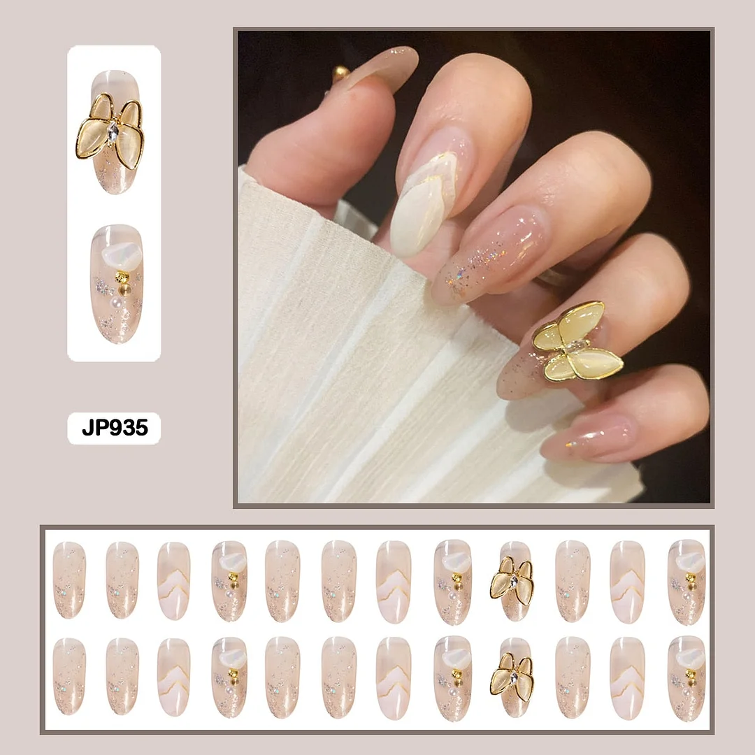 24pcs Stereoscopic Butterfly Light Luxury Elegant Nude Lady Style Removable Nail False Nail Manicure Tool-Nail Inspo