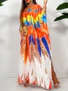 Colorful Feathers Print V-neck Side Slit Casual Maxi Dress