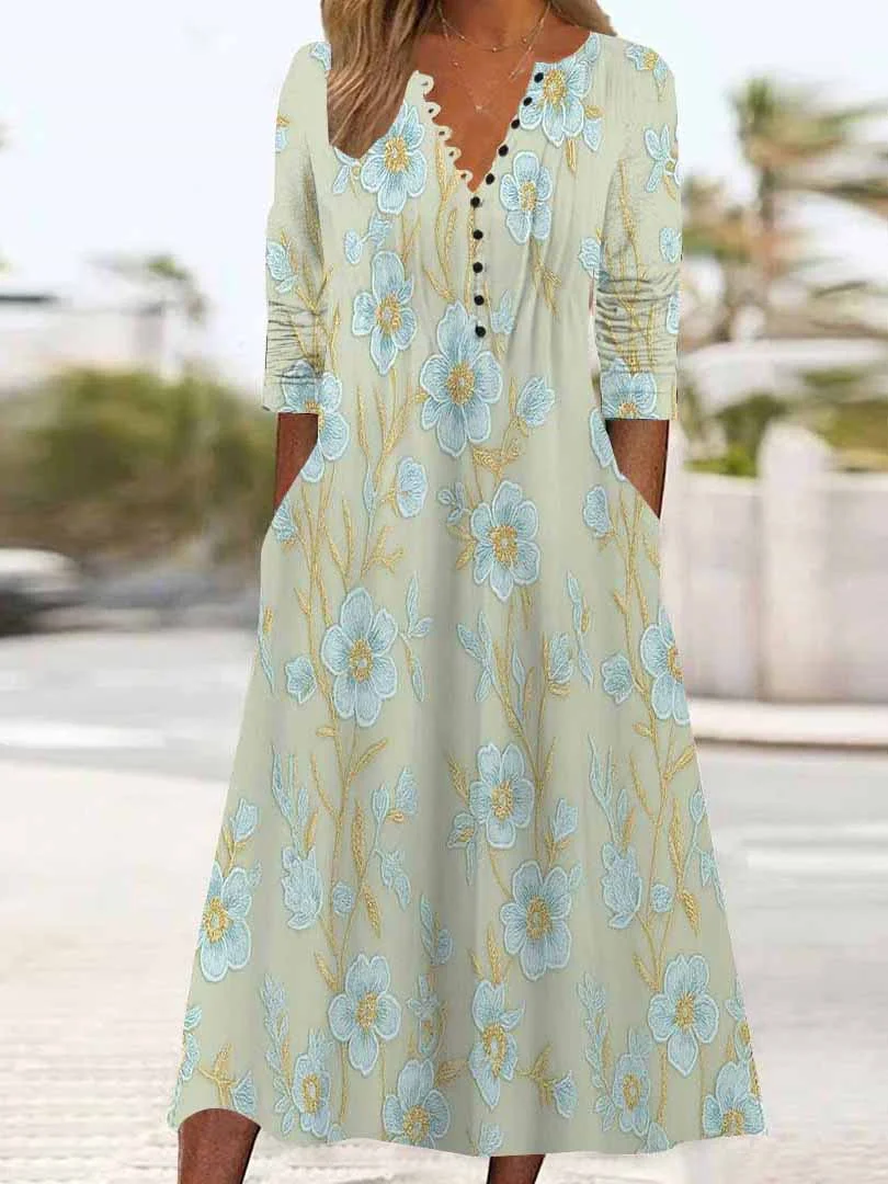 Women Floral,Green DZHB8209 Long Sleeve V-Neck Graphic Printed Midi Dress