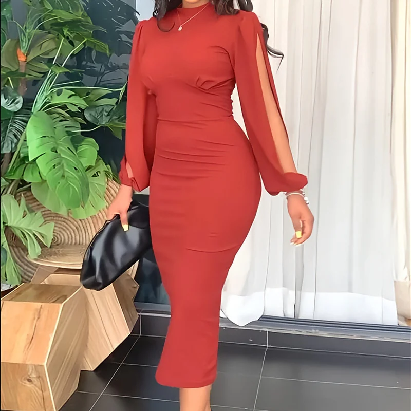 Elegant Fashion Round Neck Long Sleeve Slim Fit Party Dress