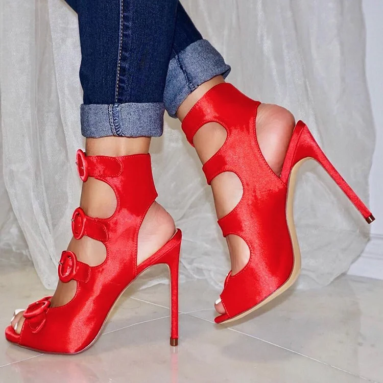 Red Satin Buckles Stiletto Heel Summer Boots |FSJ Shoes
