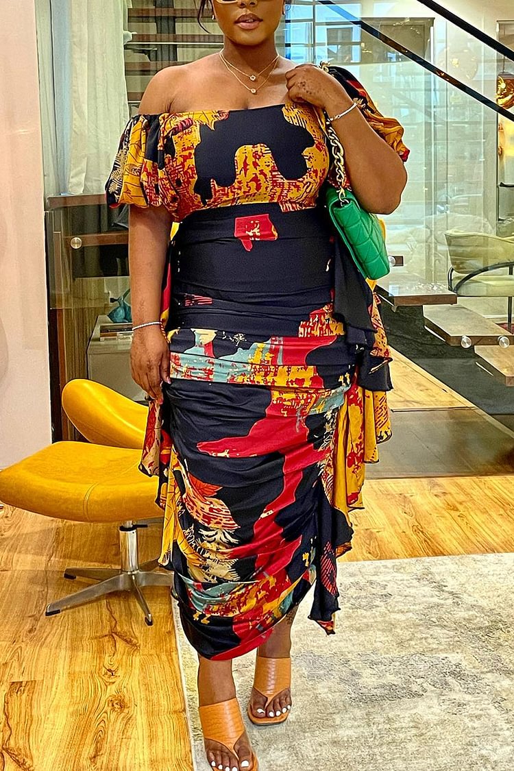 Xpluswear Plus Size Daily Off Shoulder Drape Dress Graphic Print Midi Dress [Pre-Order]