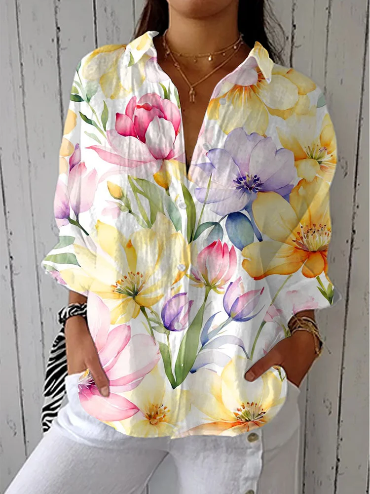 Women's  Fresh Floral Art Print Casual Linen V-neck Shirt