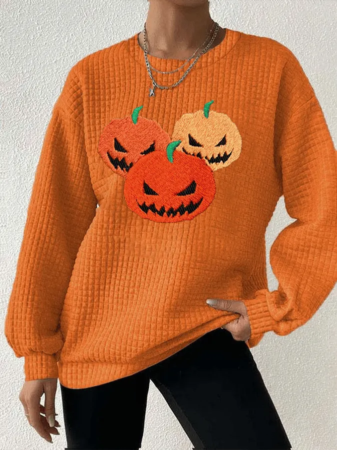 Women's Ghost Face Pumpkin Round Neck Waffle Sweatshirt 