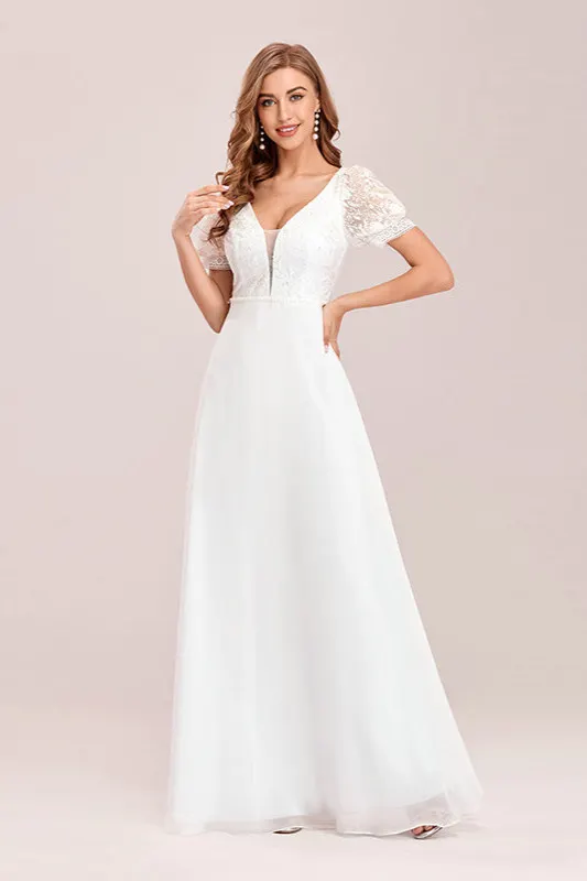 Simple V-Neck Lantern Sleeve Embroidery Prom Dress Long