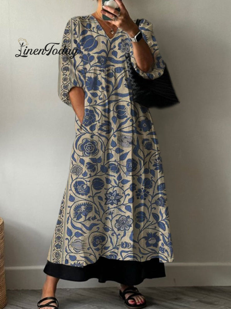 Women&rsquo;s Vintage Floral Print Pocket V-Neck Cotton Dress Multicolor / S