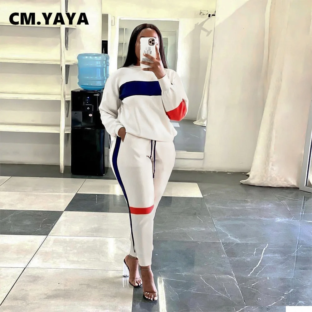 CM.YAYA Active Two 2 Pieces Set for Women Fall Winter Fitness Outfit Pullover Sweatshirt + Jogger Pants Sporty Street Tracksuit