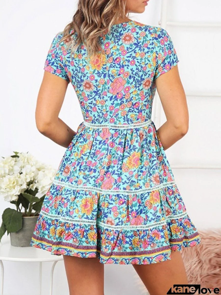 Deep V-Neck Flounce Patchwork Bohemian Skater Dresses