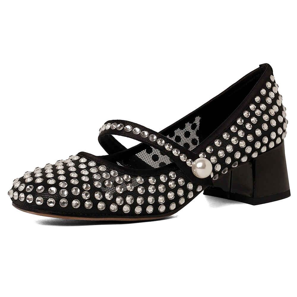 Black Mesh Closed Toe Chunky Heel Rhinestone Pumps Nicepairs