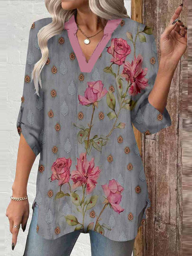 Women Floral, Retro, Grey, Red DZGA0506 3/4 Sleeve V-neck Printed Graphic Button Tops