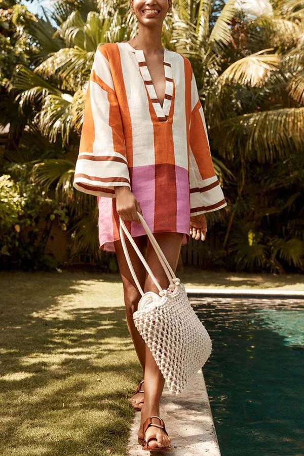 Talah Linen Blend Color Block Print V-neck Long Bell Sleeve Loose Mini Dress