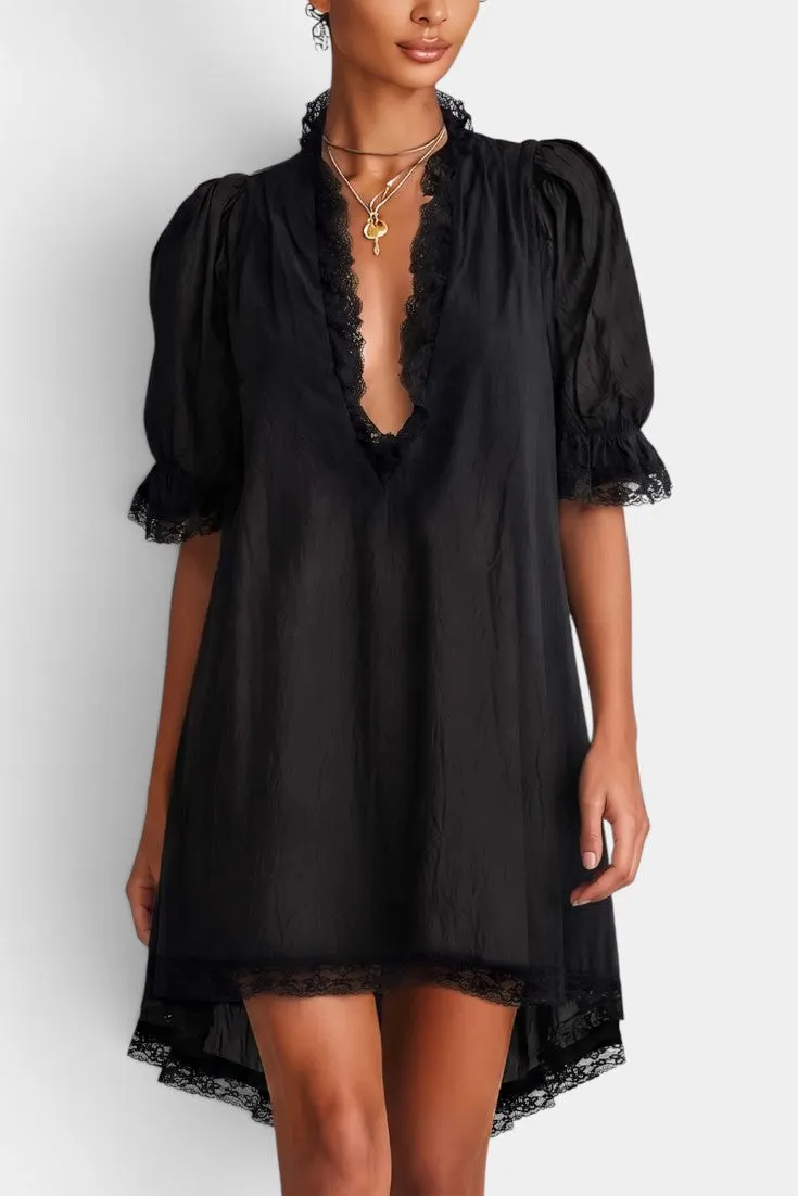 Lace-Trimmed Puff Sleeve Mini Dress