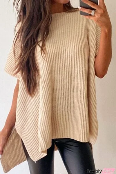 Waffle-Knit Slit Short Sleeve Sweater