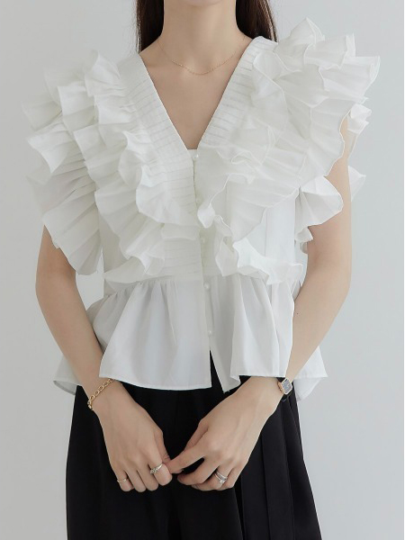 Ruffled Sleeve V Neck Solid Color Blouses