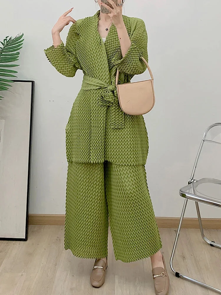 Urban Green Notched Collar Lace-up Long Sleeve Wrinkled Cardigan And Pants Set