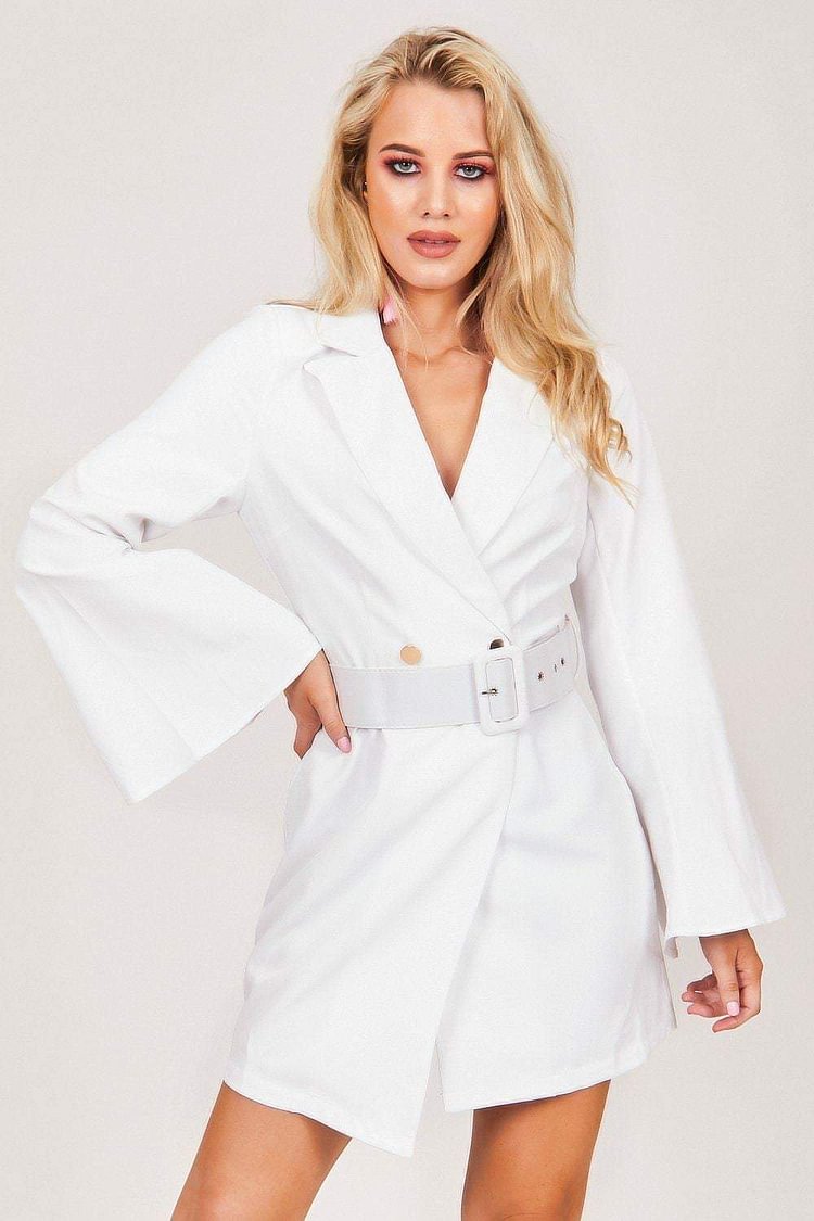 White Flared Sleeve Blazer Dress Katch Me