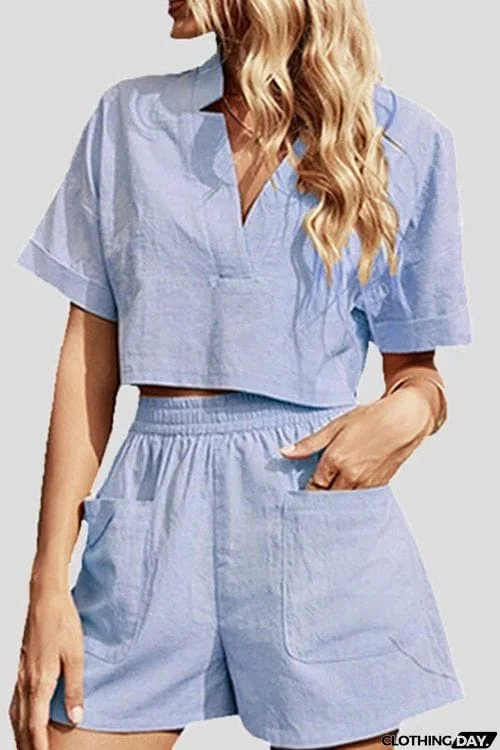 V Neck Crop Blouse Pockets Shorts Set