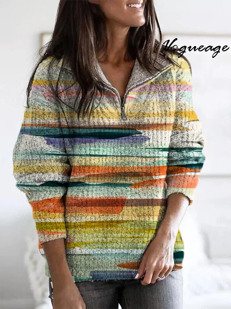 Bright Colorful Watercolor Ribbons Zippered Long-Sleeved Sweater