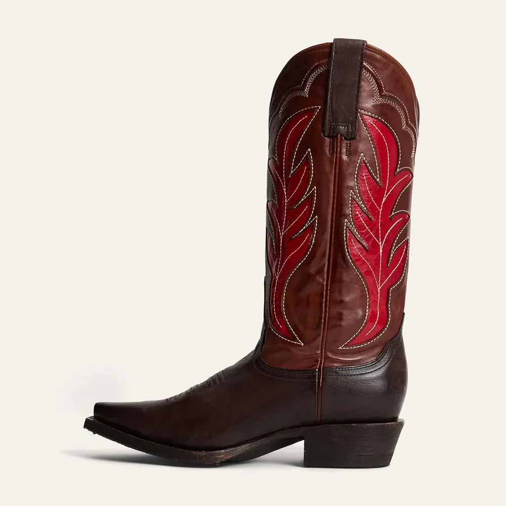 Brown & Tan Leaf Patchwork Inlay Snip Toe Cowboy Boots with Mid Calf