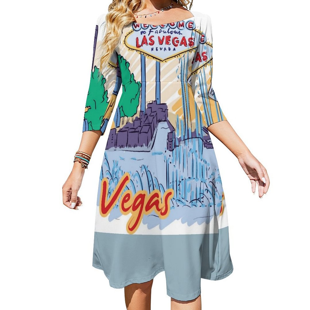 Las Vegas Dress Sweetheart Tie Back Flared 3/4 Sleeve Midi Dresses