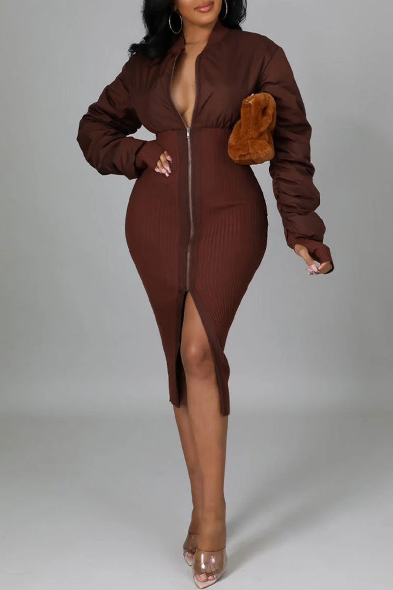 Casual Street Solid Split Joint Fold Zipper Collar Dresses