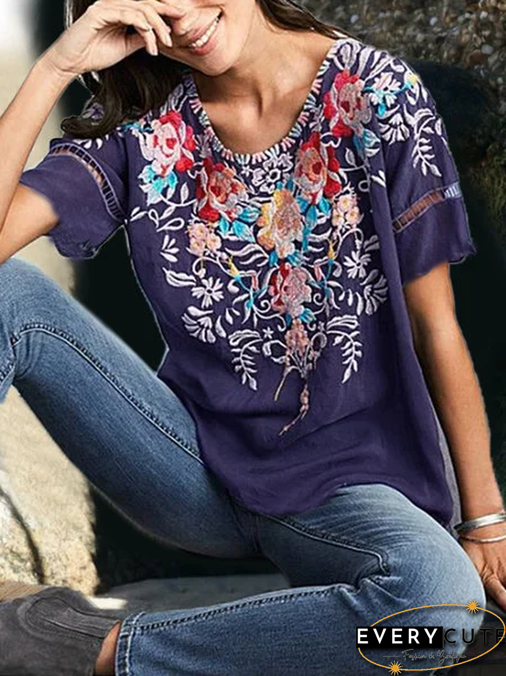 Round Neck Floral Casual Short Sleeve Summer T-shirt