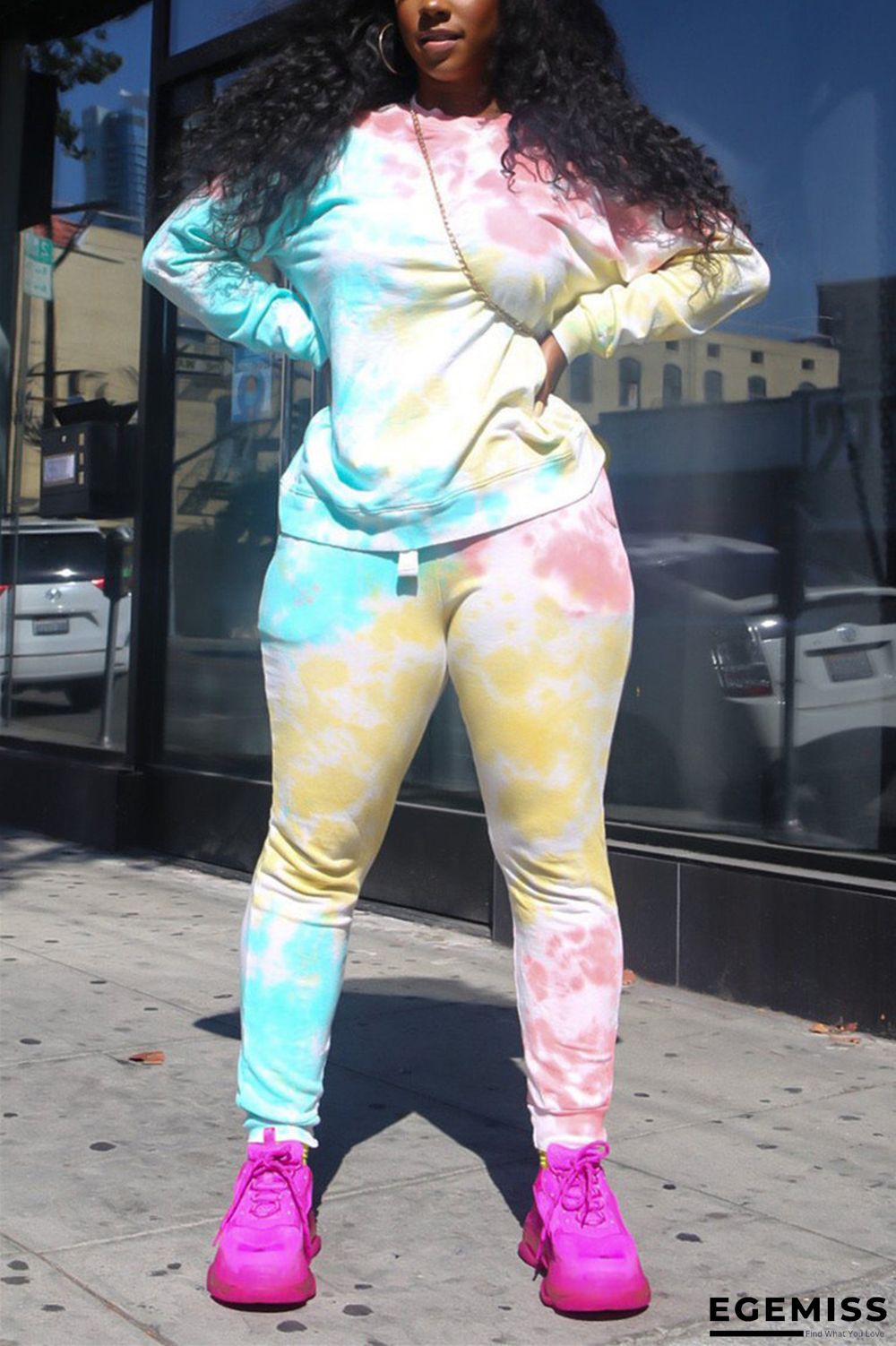 Yellow Casual Sportswear Spandex Blends Print Tie-dye Pullovers Pants Basic O Neck Long Sleeve Regular Sleeve Regular Two Pieces | EGEMISS
