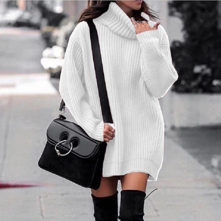 Mongw Mongw And Winter New Women's High Collar Medium Long Knit Jumper Long Sleeve Dress Sweater Women's Clothing