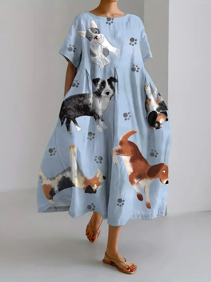 Women's Funny Dog Print Casual Loose Dress (With Pockets On Both Sides)