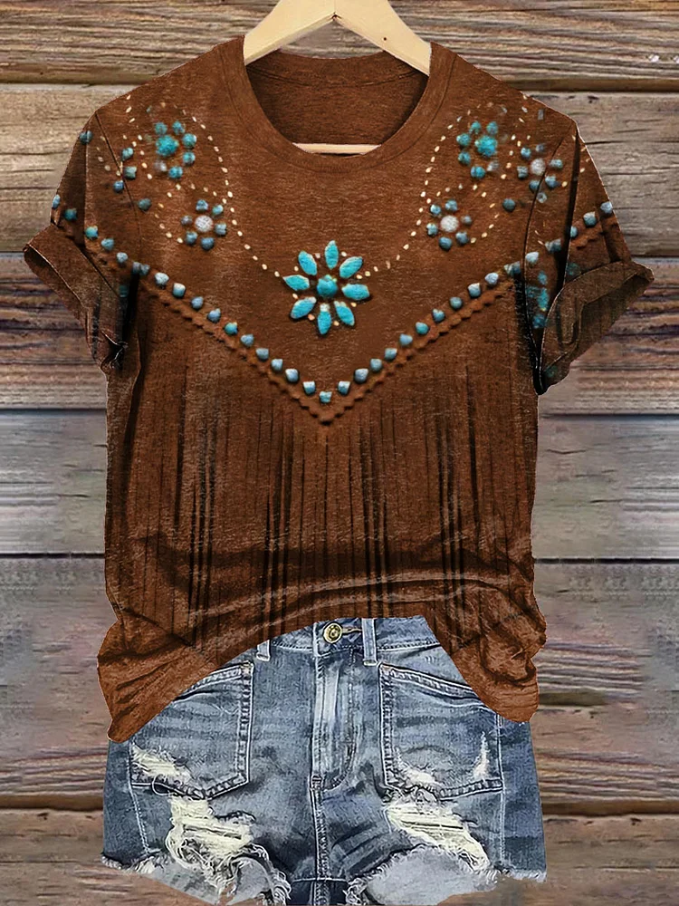 Retro Nostalgic Turquoise Flower Printed Crew Neck T-Shirt