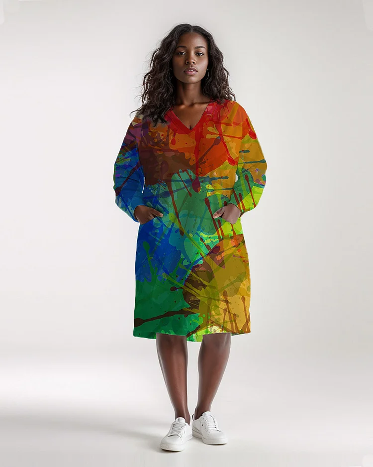 Plus Size Women's Fantasy Color Print Casual Pocket V Neck Dress