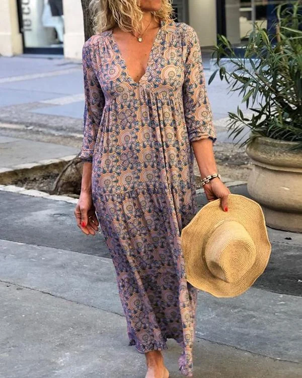 boho floral print v neck 3 4 sleeve dresses p94533