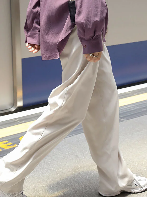 Solid Color Pockets Pleated Buttoned Wide Leg Loose Suit Pants