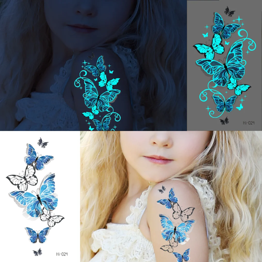Sdrawing Glowing Butterfly Sea Waves Temporary Tattoos For Women Men Glow In The Dark Glitter Feather Fake Tattoo Sticker Luminous