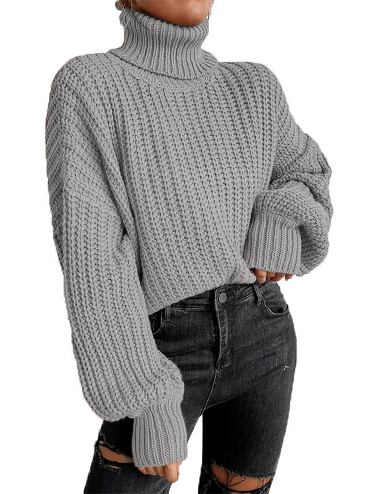 Daily Turtleneck Dropped Shoulder Long Bell Sleeve Rib Knit Sweater