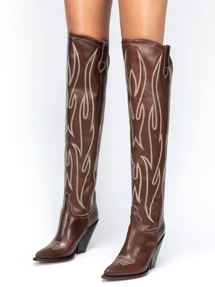 Brown Embroidered Chunky Heel Western Over-The-Knee Boots