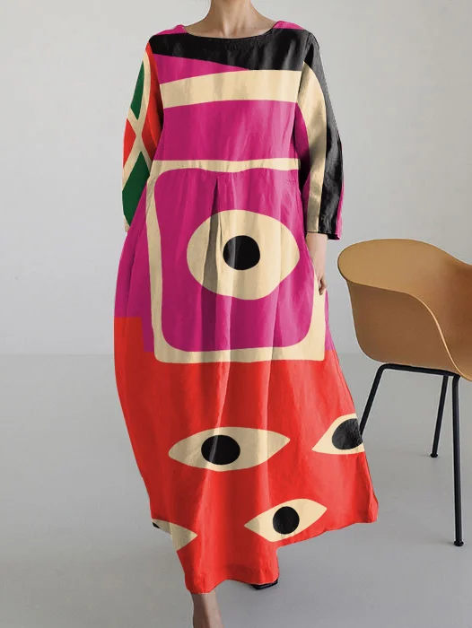 Vintage Abstract Art Print Long Sleeve Dress