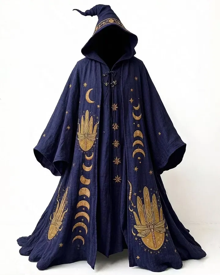 Men's Summer Fashion Hippie Style Star and Moon Print Linen Hooded Cape 8151