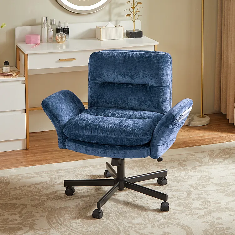 Bestier Criss Cross Office Chair with Flip-Up Arms, Side Pockets, Velvet Vanity Chair, Adjustable Height, Comfy Swivel Computer Chair for Home Office, Vanity Room, Makeup Room, Bedroom