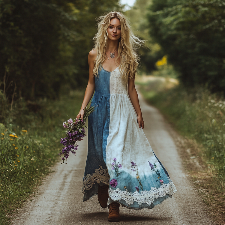 Utbros Spring Girl Green Pastoral Style Retro Bohemian Floral Embroidery Pattern Linen Tank Dress