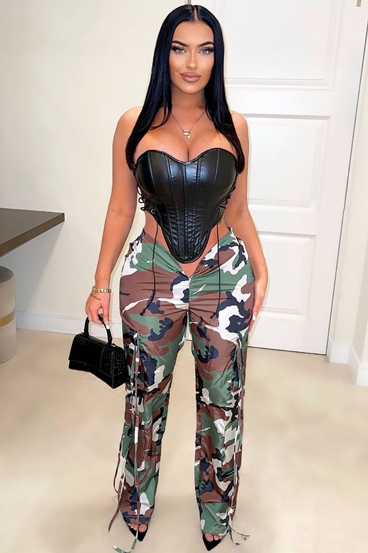 Camo Print Tied Strap V High Waist Straight Pants