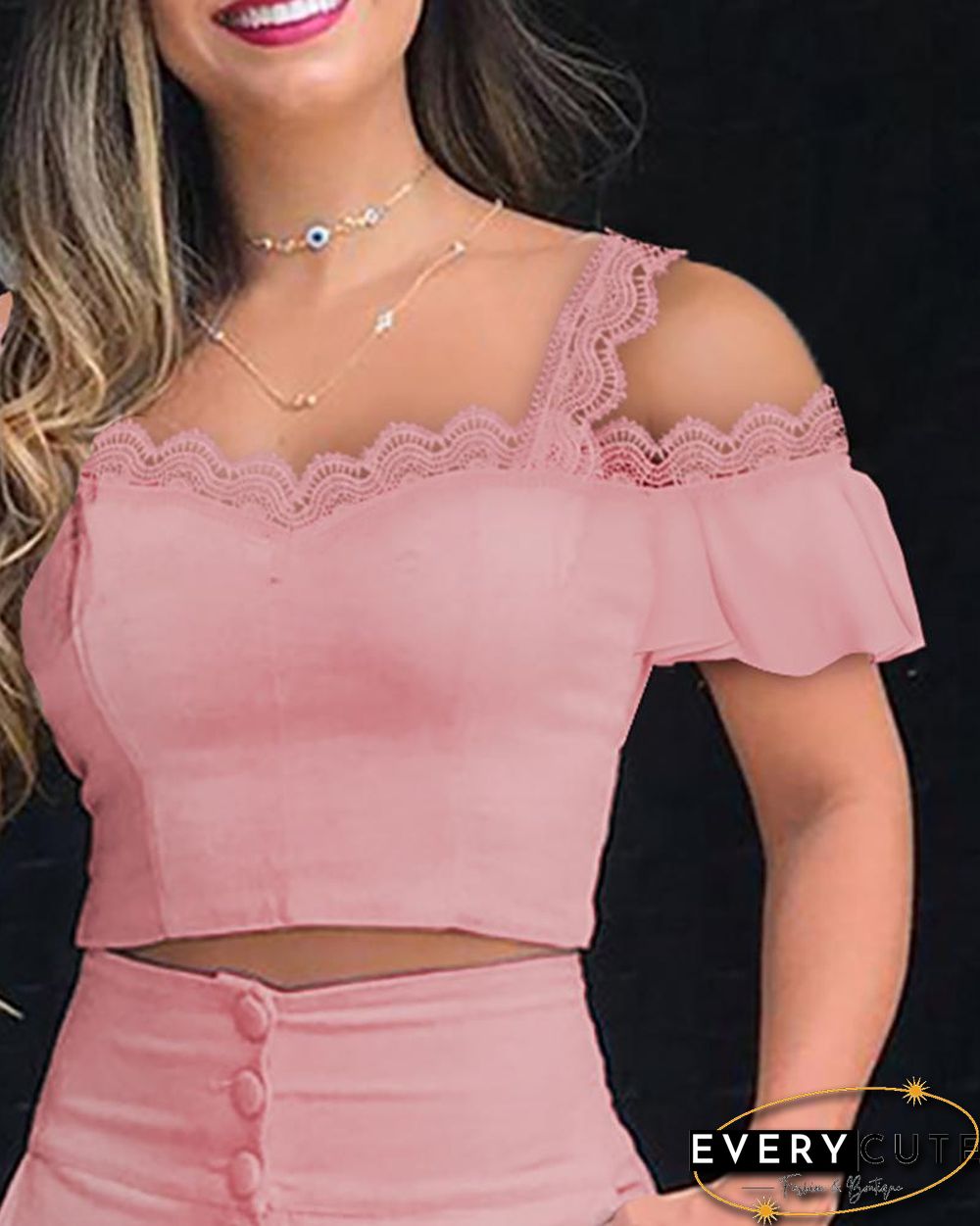 Cold Shoulder Lace Trim Top & Buttoned Shorts Set P10881