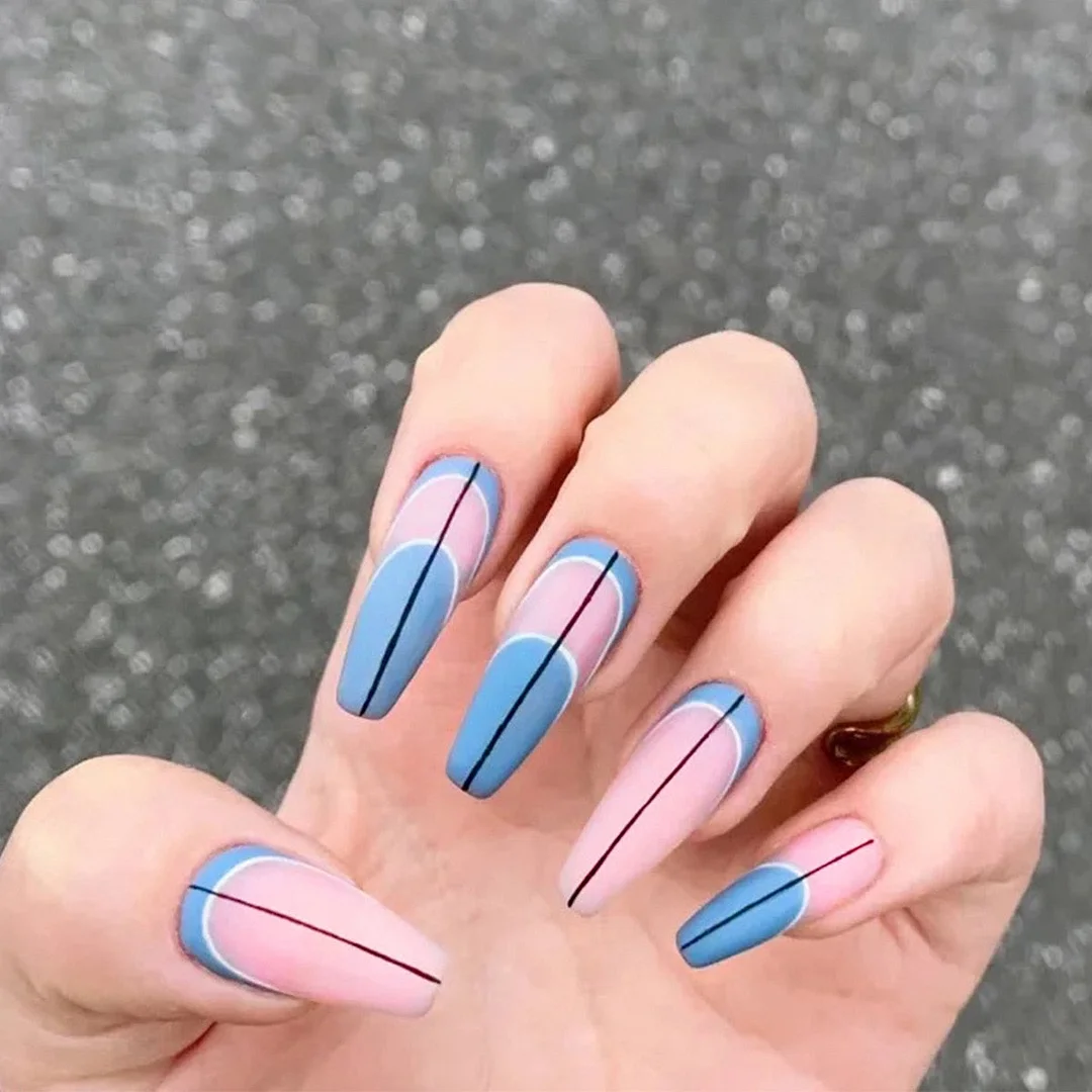 24pcs Blue Waves Printed False Nail Patch Glue Type Removable Long Paragraph Fashion Manicure Coffin Fake Nail Ballerina Art-Nail Inspo